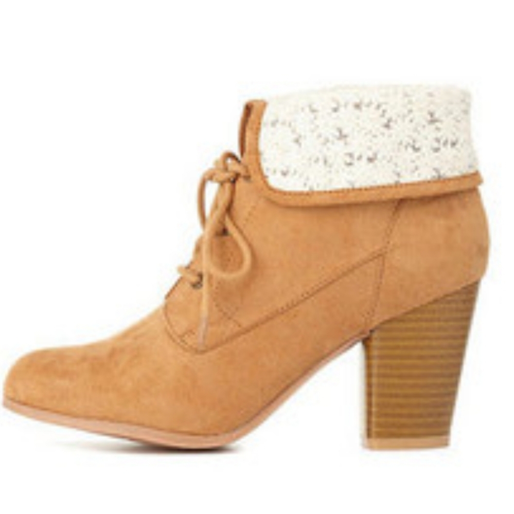 Charlotte Russe Crochet Cuffed Lace Up Booties Tan Suede Ankle Boots size 8.5